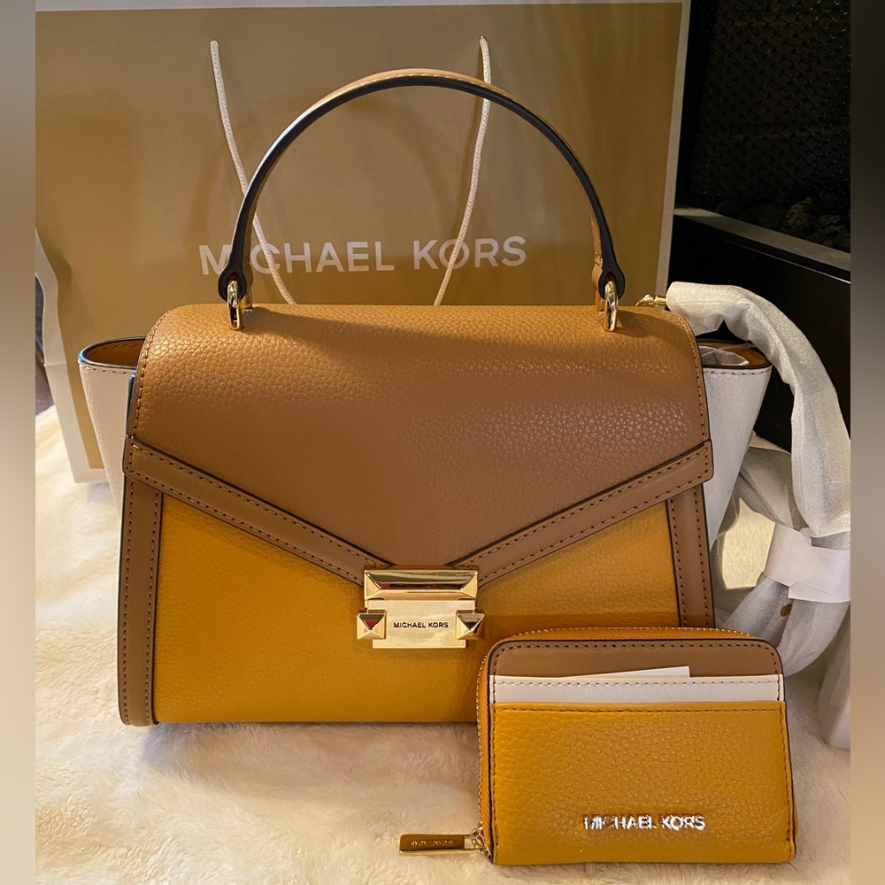MICHAEL KORS WHITNEY MEDIUM FLAP TOP HANDLE SATCHEL+MATCHING WALLET
